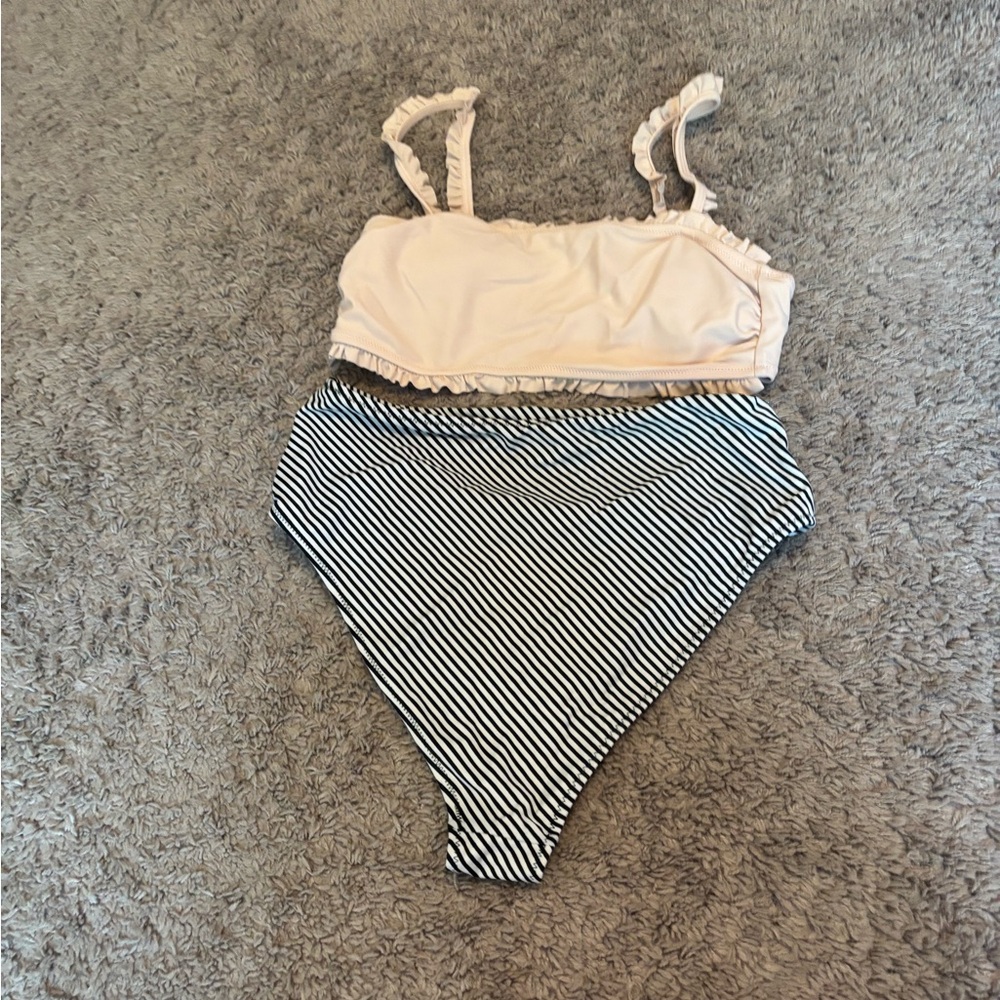 Striped Black and White High-Waisted Bikini